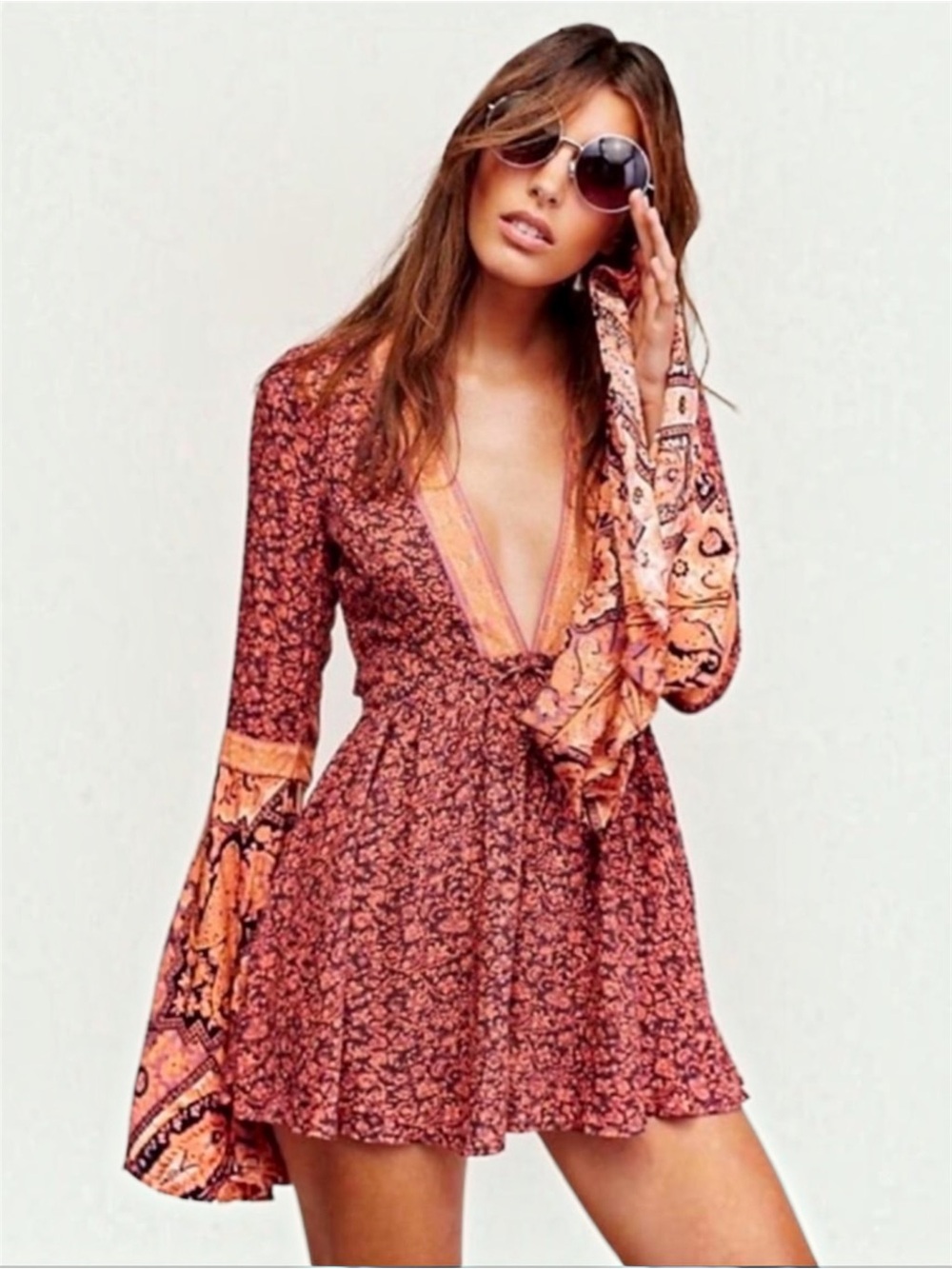 Free People Once Upon A Summertime Romper Open Back Bell Sleeve Boho Mini XS